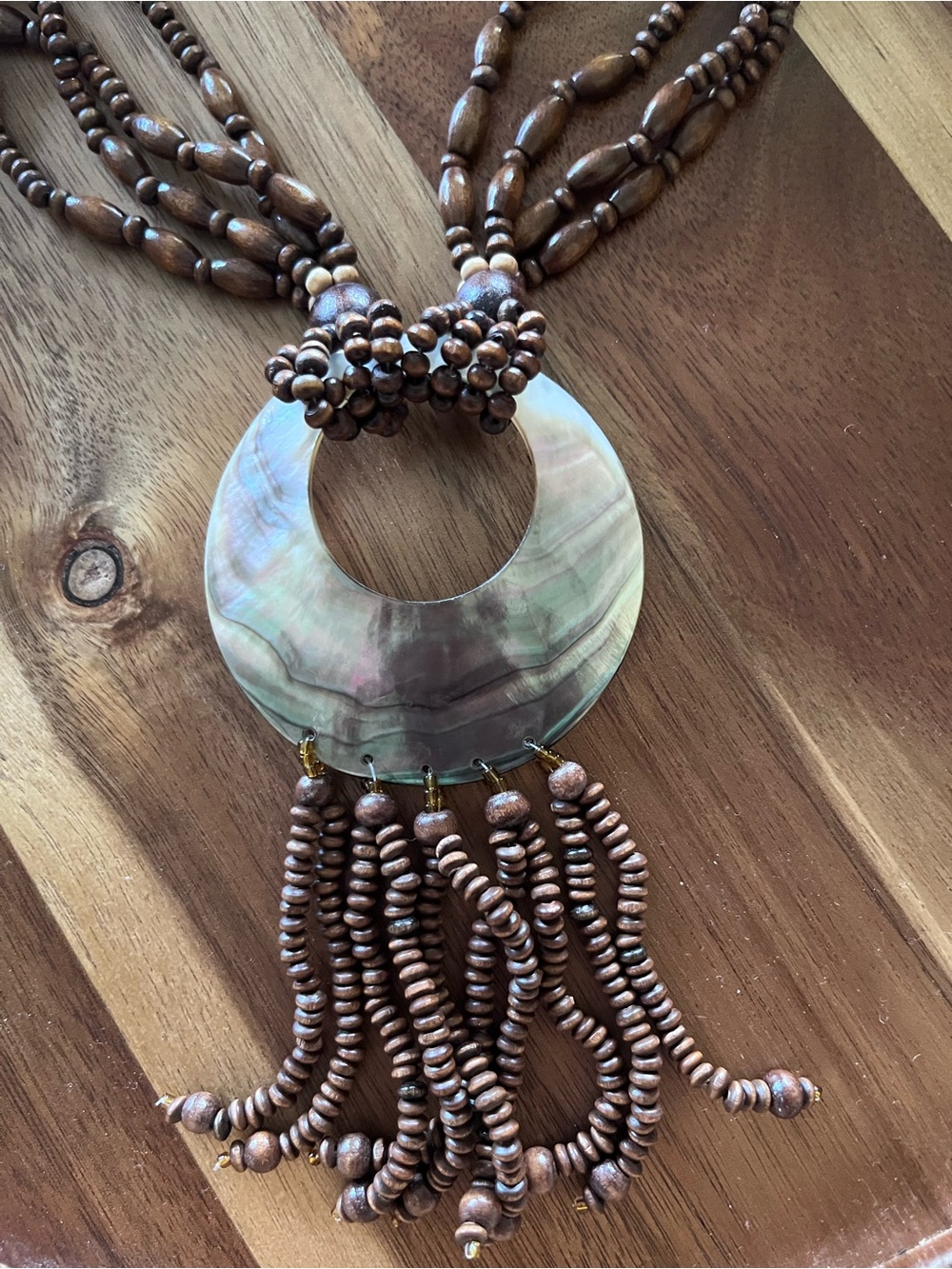 VTG Wood Bead Fringe Statement Necklace with Abalone Disc - Brown